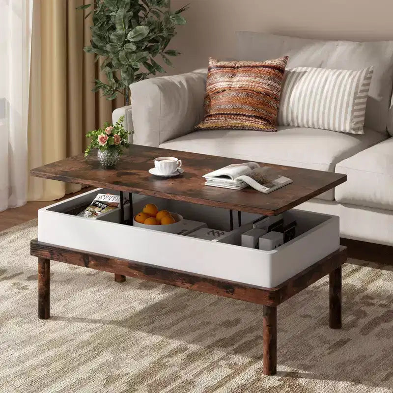 Table basse Celebalcony, table basse relevable avec compartiment de rangement, table de salle à manger relevable, pour salon, bureau et maison
