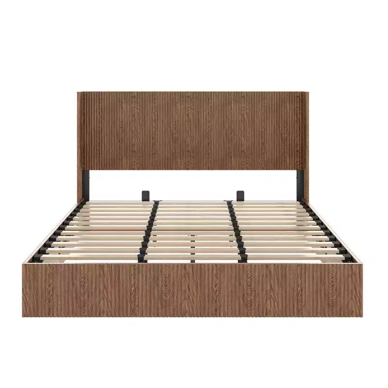JVNOXK Lit rembourré extra-large motif vagues avec fonction de rangement relevable, sans ressorts/silencieux, lattes en bois naturel marron, marron