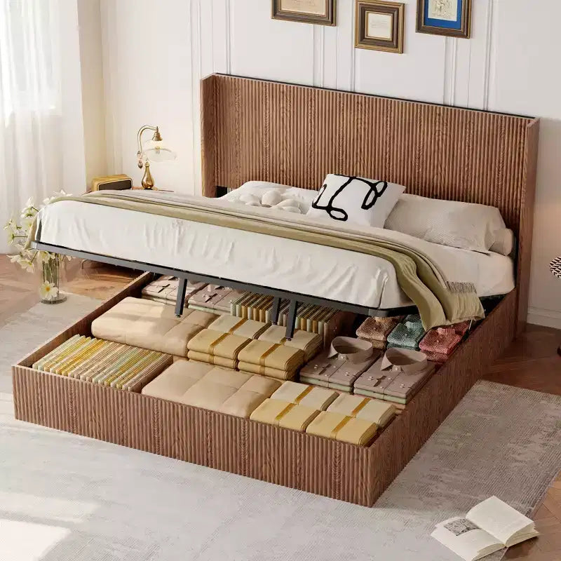 JVNOXK Lit rembourré extra-large motif vagues avec fonction de rangement relevable, sans ressorts/silencieux, lattes en bois naturel marron, marron