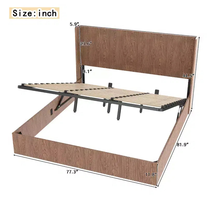 JVNOXK Lit rembourré extra-large motif vagues avec fonction de rangement relevable, sans ressorts/silencieux, lattes en bois naturel marron, marron
