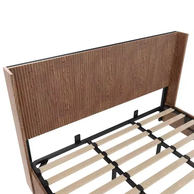 JVNOXK Lit rembourré extra-large motif vagues avec fonction de rangement relevable, sans ressorts/silencieux, lattes en bois naturel marron, marron