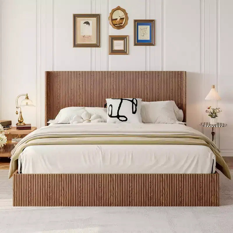JVNOXK Lit rembourré extra-large motif vagues avec fonction de rangement relevable, sans ressorts/silencieux, lattes en bois naturel marron, marron