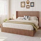 JVNOXK Lit rembourré extra-large motif vagues avec fonction de rangement relevable, sans ressorts/silencieux, lattes en bois naturel marron, marron