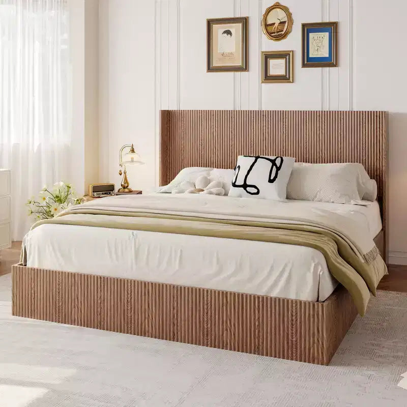 JVNOXK Lit rembourré extra-large motif vagues avec fonction de rangement relevable, sans ressorts/silencieux, lattes en bois naturel marron, marron