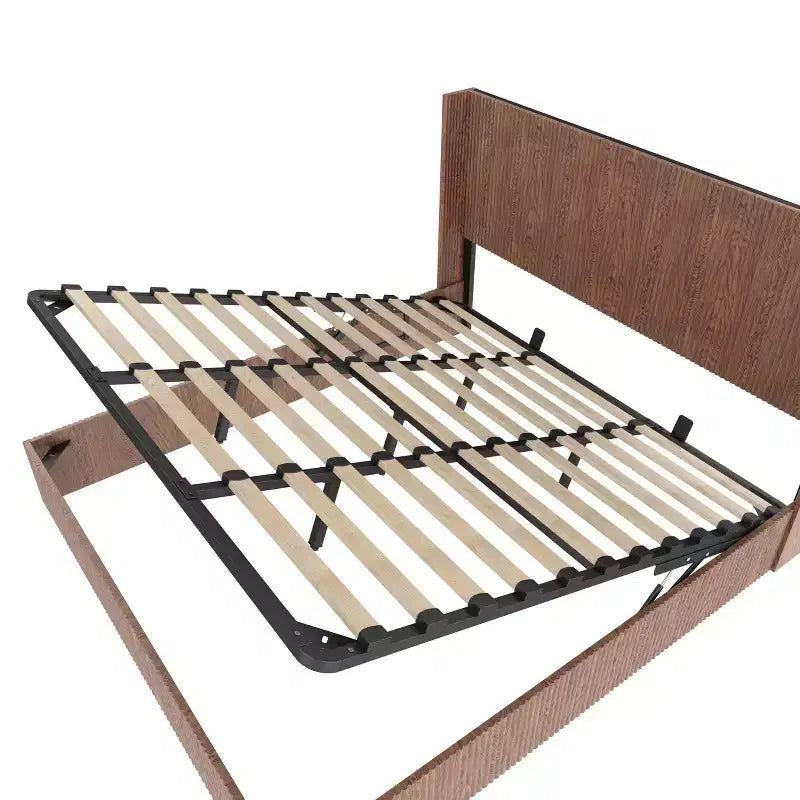 JVNOXK Lit rembourré extra-large motif vagues avec fonction de rangement relevable, sans ressorts/silencieux, lattes en bois naturel marron, marron