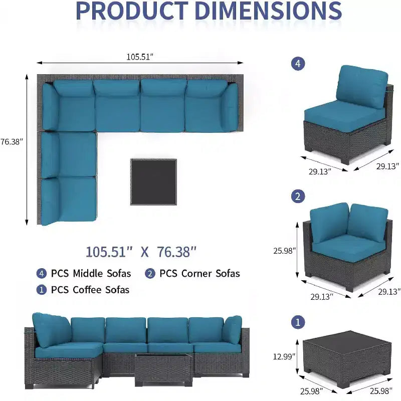 Ensemble de canapé d'angle 6 pièces en rotin tout temps avec table basse à plateau en verre Ensemble de conversation de patio pour l'extérieur