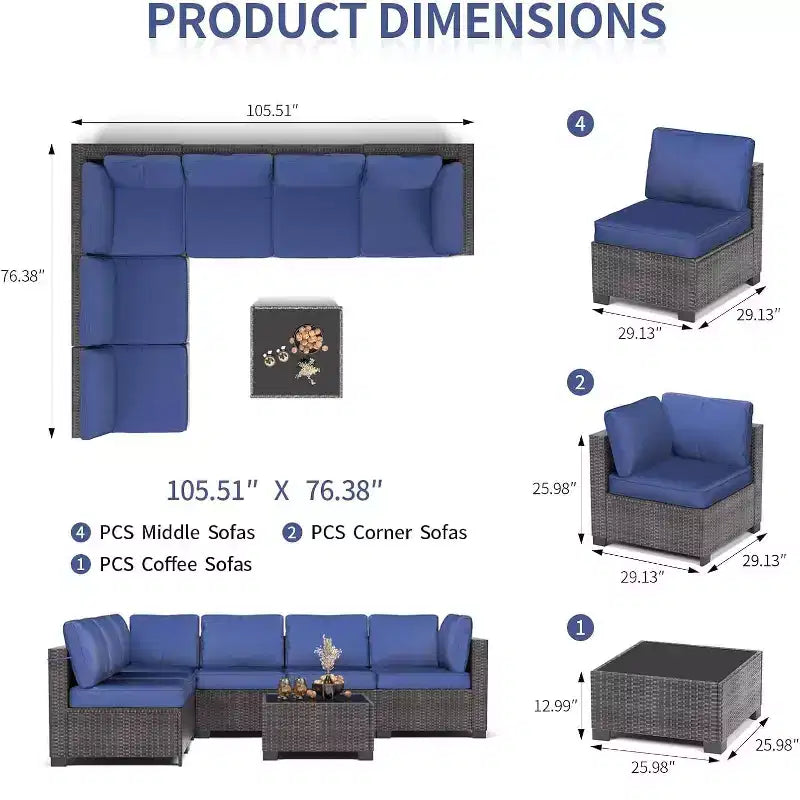 Ensemble de canapé d'angle 6 pièces en rotin tout temps avec table basse à plateau en verre Ensemble de conversation de patio pour l'extérieur