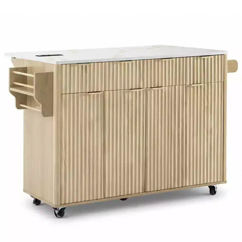 Chariot d'îlot de cuisine cannelé Whisen 55,5, table d'îlot roulante avec abattant, 4 portes et 3 tiroirs