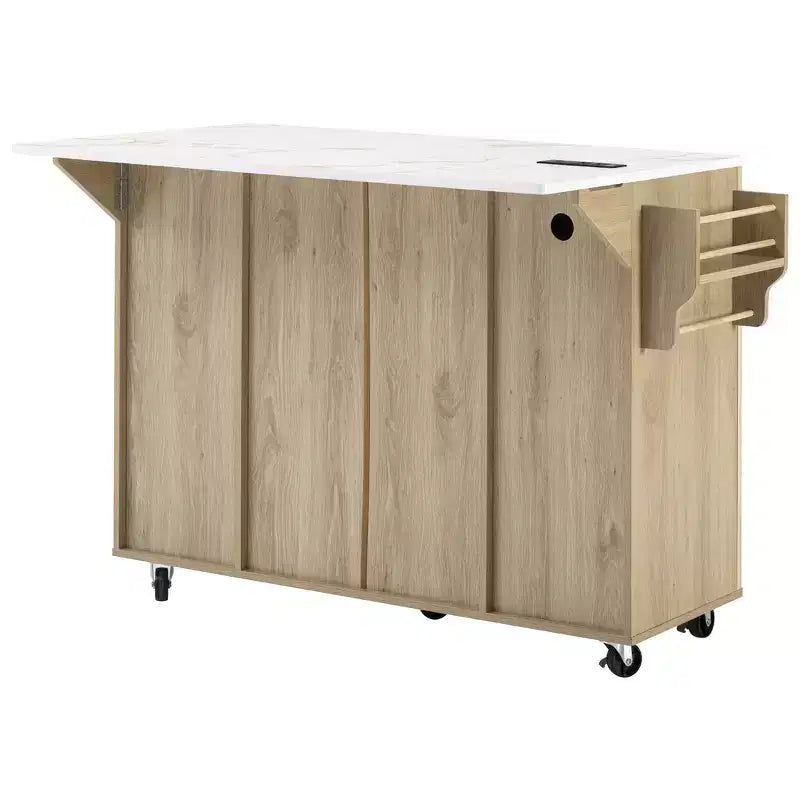 Chariot d'îlot de cuisine cannelé Whisen 55,5, table d'îlot roulante avec abattant, 4 portes et 3 tiroirs