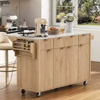 Chariot d'îlot de cuisine cannelé Whisen 55,5, table d'îlot roulante avec abattant, 4 portes et 3 tiroirs