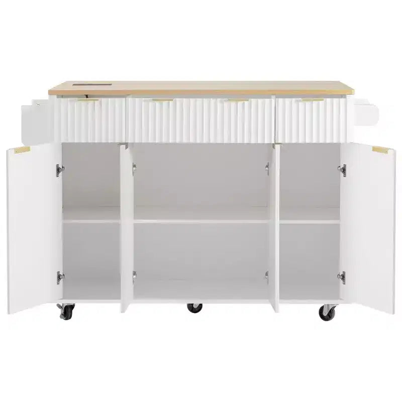 Chariot d'îlot de cuisine cannelé Whisen 55,5, table d'îlot roulante avec abattant, 4 portes et 3 tiroirs