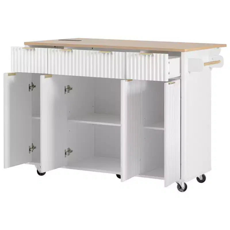 Chariot d'îlot de cuisine cannelé Whisen 55,5, table d'îlot roulante avec abattant, 4 portes et 3 tiroirs