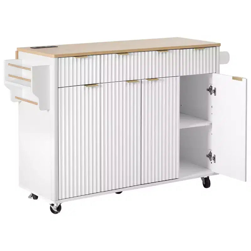 Chariot d'îlot de cuisine cannelé Whisen 55,5, table d'îlot roulante avec abattant, 4 portes et 3 tiroirs