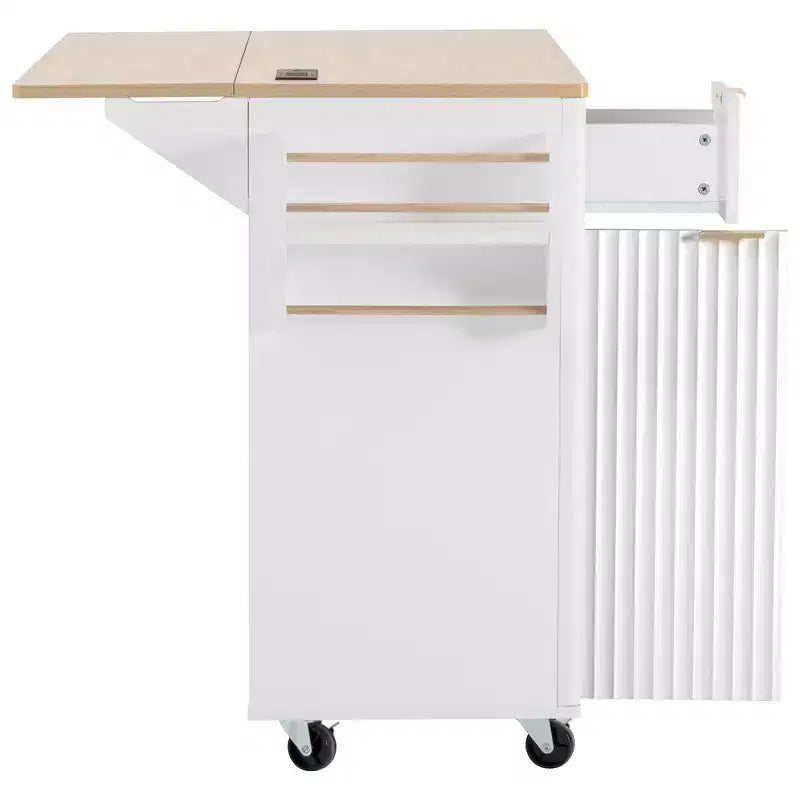 Chariot d'îlot de cuisine cannelé Whisen 55,5, table d'îlot roulante avec abattant, 4 portes et 3 tiroirs
