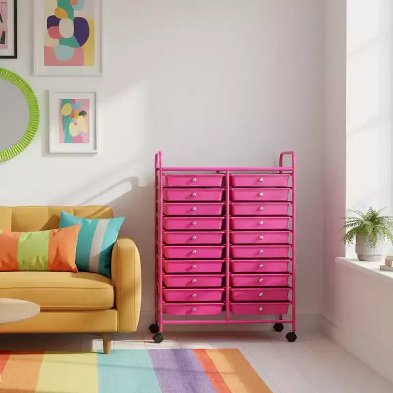Chariot de rangement mobile Gymax à 20 tiroirs arc-en-ciel/noir/transparent/gris + beige + jaune/multicolore/macaron/rose dégradé/gris/rose vif/orange/violet/blanc