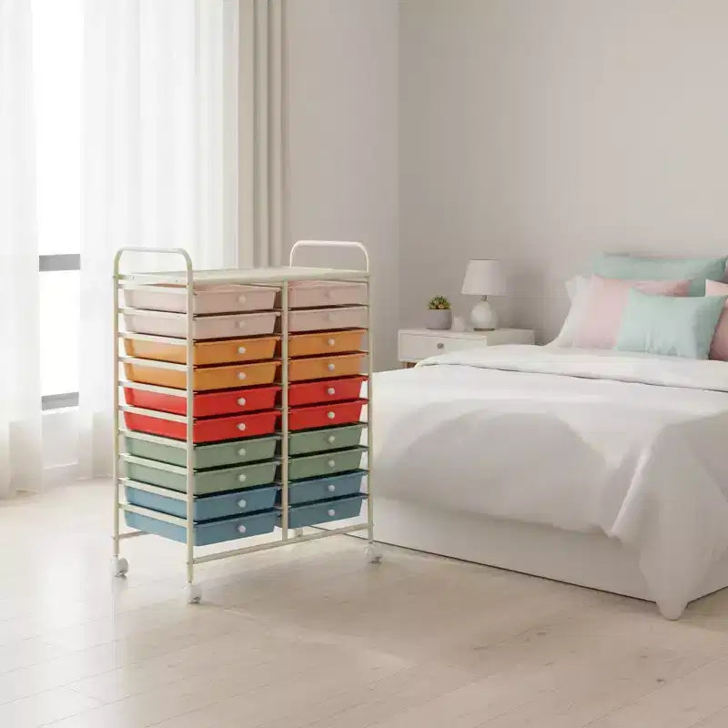 Chariot de rangement mobile Gymax à 20 tiroirs arc-en-ciel/noir/transparent/gris + beige + jaune/multicolore/macaron/rose dégradé/gris/rose vif/orange/violet/blanc