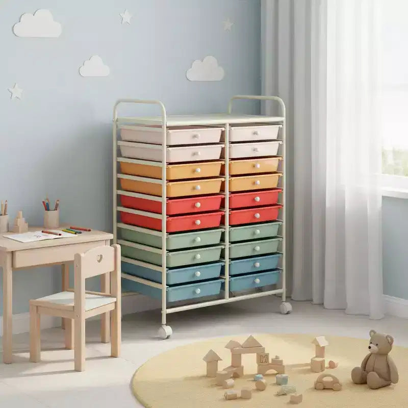 Chariot de rangement mobile Gymax à 20 tiroirs arc-en-ciel/noir/transparent/gris + beige + jaune/multicolore/macaron/rose dégradé/gris/rose vif/orange/violet/blanc