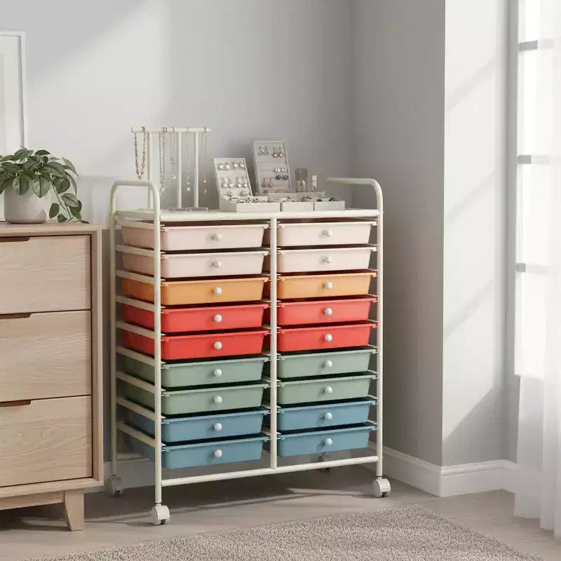 Chariot de rangement mobile Gymax à 20 tiroirs arc-en-ciel/noir/transparent/gris + beige + jaune/multicolore/macaron/rose dégradé/gris/rose vif/orange/violet/blanc
