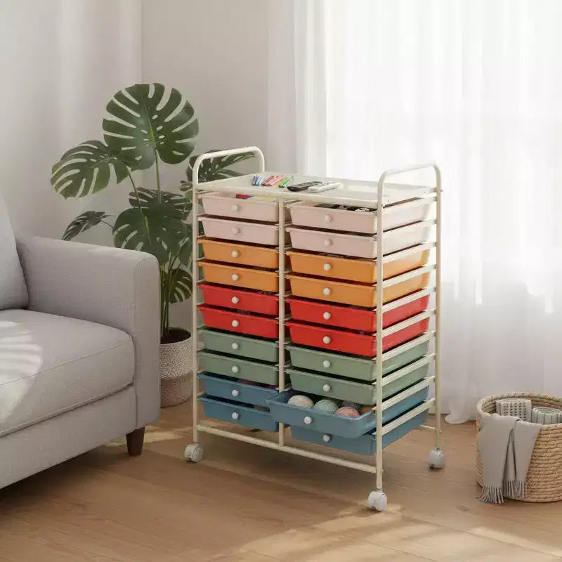 Chariot de rangement mobile Gymax à 20 tiroirs arc-en-ciel/noir/transparent/gris + beige + jaune/multicolore/macaron/rose dégradé/gris/rose vif/orange/violet/blanc
