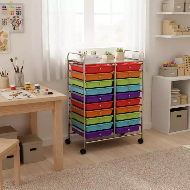 Chariot de rangement mobile Gymax à 20 tiroirs arc-en-ciel/noir/transparent/gris + beige + jaune/multicolore/macaron/rose dégradé/gris/rose vif/orange/violet/blanc