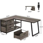 Bureau d'angle en L Lantine de 135 cm, réversible, avec 3 tiroirs pour dossiers et 2 étagères de rangement pour bureau à domicile, salle de jeu, gris