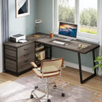 Bureau d'angle en L Lantine de 135 cm, réversible, avec 3 tiroirs pour dossiers et 2 étagères de rangement pour bureau à domicile, salle de jeu, gris