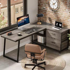 Bureau d'angle en L Lantine de 135 cm, réversible, avec 3 tiroirs pour dossiers et 2 étagères de rangement pour bureau à domicile, salle de jeu, gris