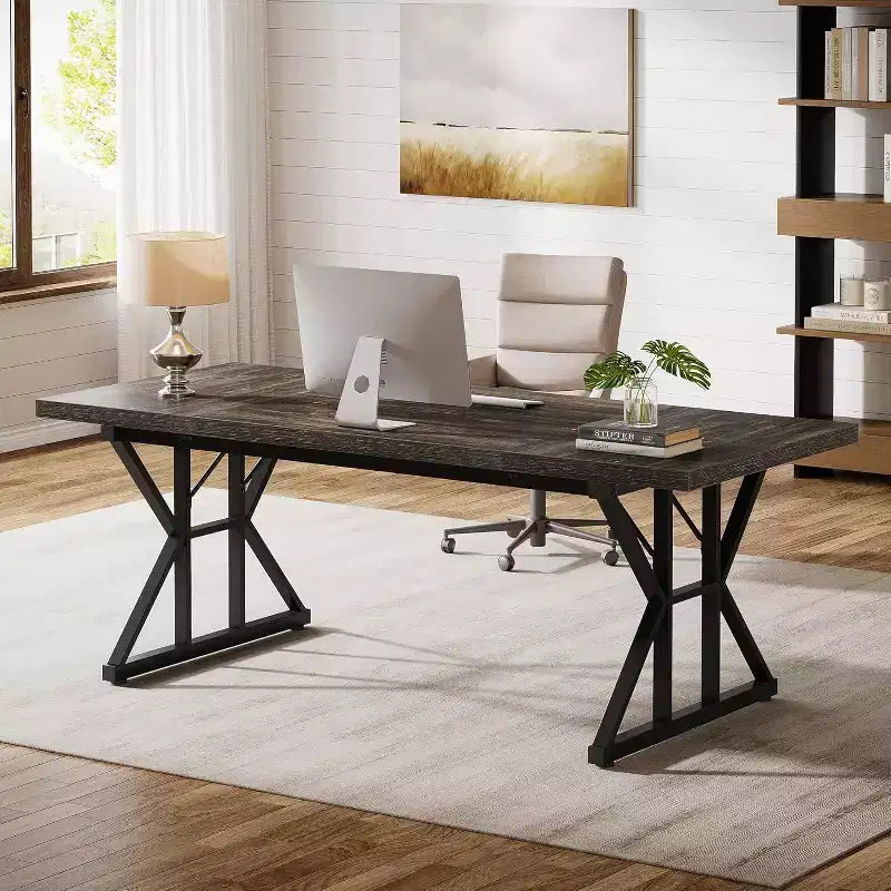 Lantine 70.86-Inch Large Executive Desk, Industrial Home Office Computer Desk, Simple Long Writing Study Table Business Furniture (Oak/Black)