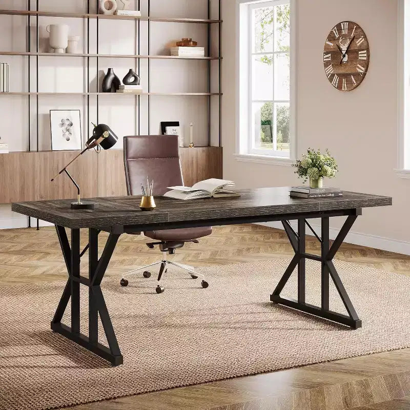 Grand bureau de direction Lantine de 70,86 pouces, bureau d'ordinateur industriel pour la maison, longue table d'étude simple, mobilier de bureau (chêne/noir)