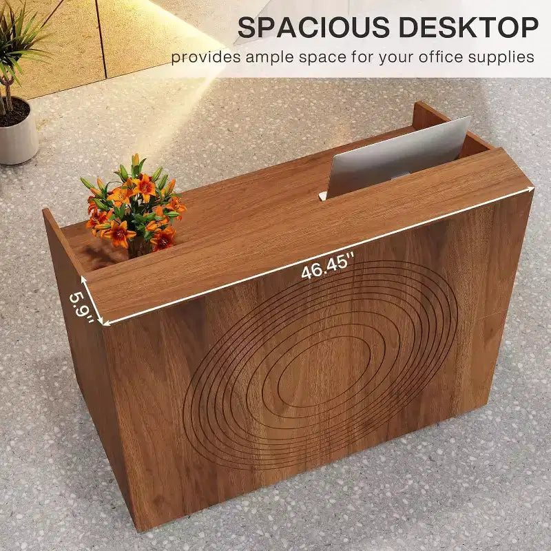Comptoir d'accueil Lantine de 47 pouces avec comptoir, bureau d'accueil moderne avec passe-câbles pour hall d'entrée, salon de beauté, bureau à domicile, noyer