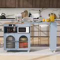 JVNOXK Kitchen Island with extendable countertop and casters, featuring two built-in glass doors and three tiers of open shelving on the inner side