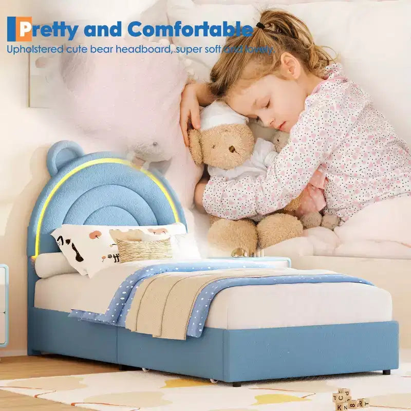 Cadre de lit double avec 2 tiroirs de rangement, lit plateforme rembourré avec tête de lit arc-en-ciel pour enfants, support à lattes en bois massif, aucun sommier tapissier requis
