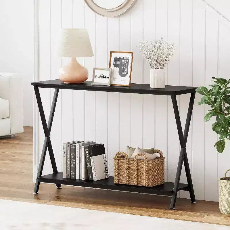 Console étroite de 104,9 cm avec étagères ouvertes à 2 niveaux, table de canapé style ferme pour entrée, couloir ou salon