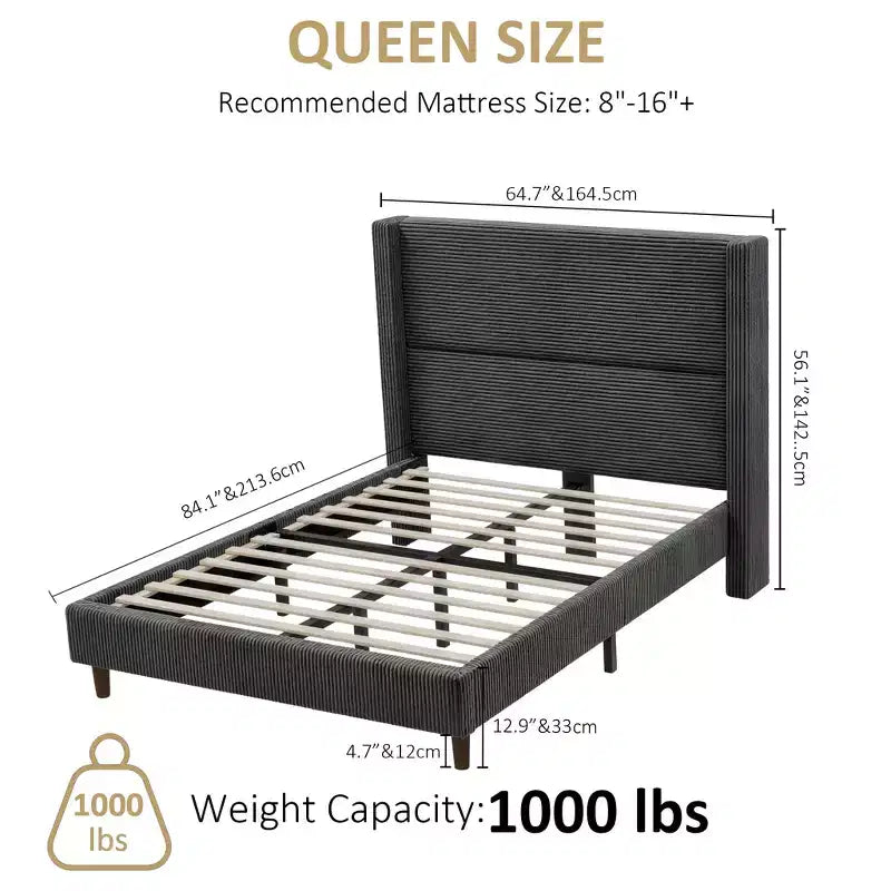 Cadre de lit plateforme rembourré Dyonery Queen Size, lit à oreilles avec tête de lit 56,1", velours côtelé/pieds en bois massif/aucun sommier tapissier requis/silencieux