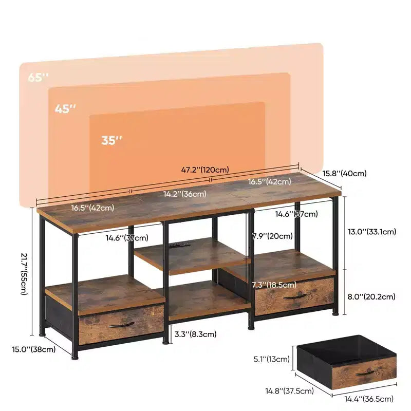 Meuble TV MAYEERTY avec 2 tiroirs en tissu et prise intégrée, console multimédia pour salon et chambre