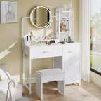 Petite coiffeuse avec miroir rond éclairé et prise de courant, table de maquillage moderne avec 4 tiroirs en tissu et 3 étagères, pour chambre à coucher