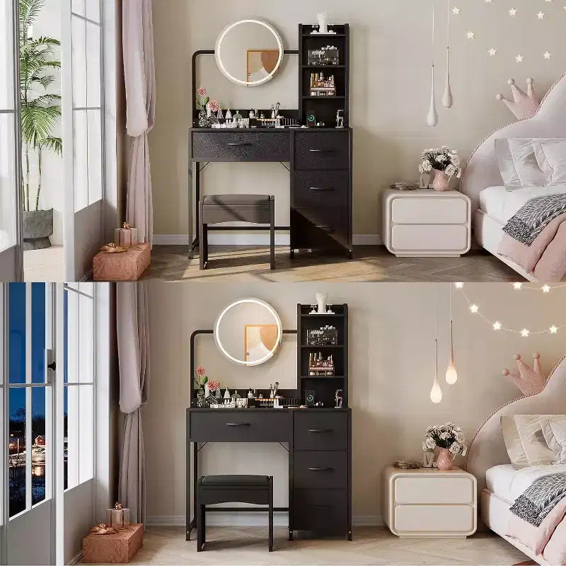 Petite coiffeuse avec miroir rond éclairé et prise de courant, table de maquillage moderne avec 4 tiroirs en tissu et 3 étagères, pour chambre à coucher
