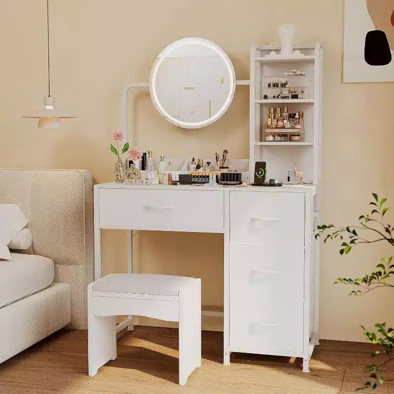 Petite coiffeuse avec miroir rond éclairé et prise de courant, table de maquillage moderne avec 4 tiroirs en tissu et 3 étagères, pour chambre à coucher