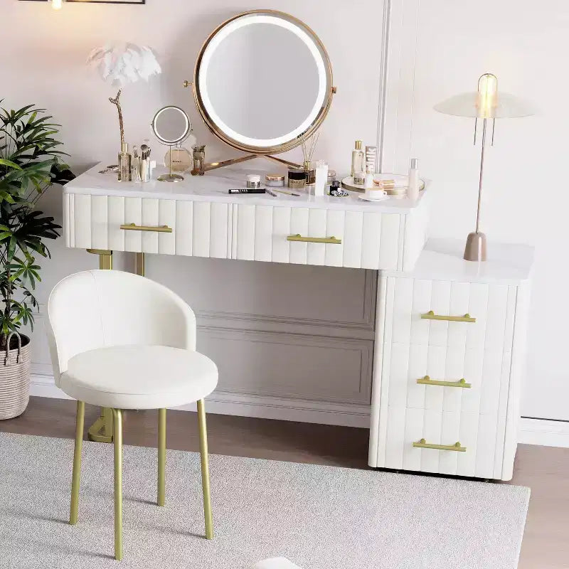 Coiffeuse en velours avec chaise, ensemble de coiffeuse avec 5 grands tiroirs, table de maquillage et chaise pour chambre de fille