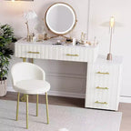 Coiffeuse en velours avec chaise, ensemble de coiffeuse avec 5 grands tiroirs, table de maquillage et chaise pour chambre de fille
