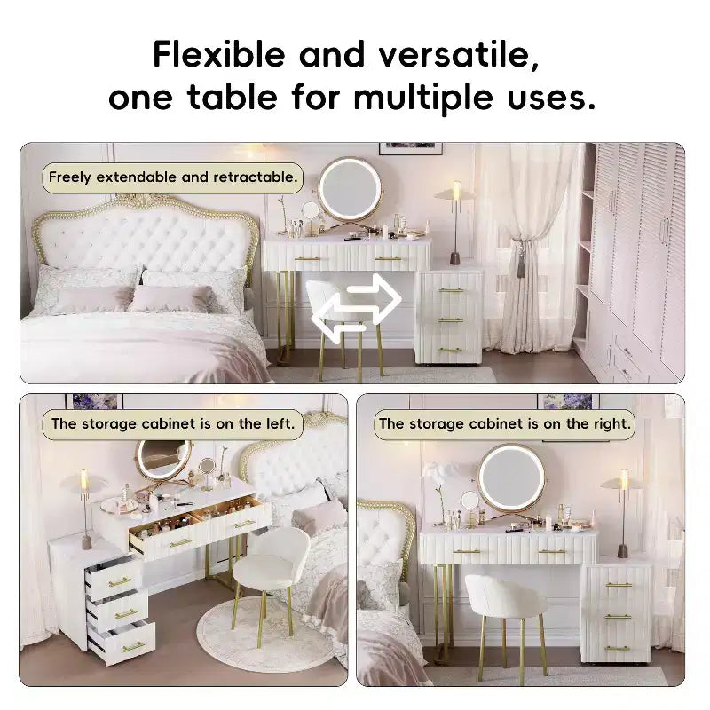 Coiffeuse en velours avec chaise, ensemble de coiffeuse avec 5 grands tiroirs, table de maquillage et chaise pour chambre de fille