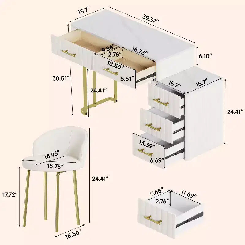 Coiffeuse en velours avec chaise, ensemble de coiffeuse avec 5 grands tiroirs, table de maquillage et chaise pour chambre de fille
