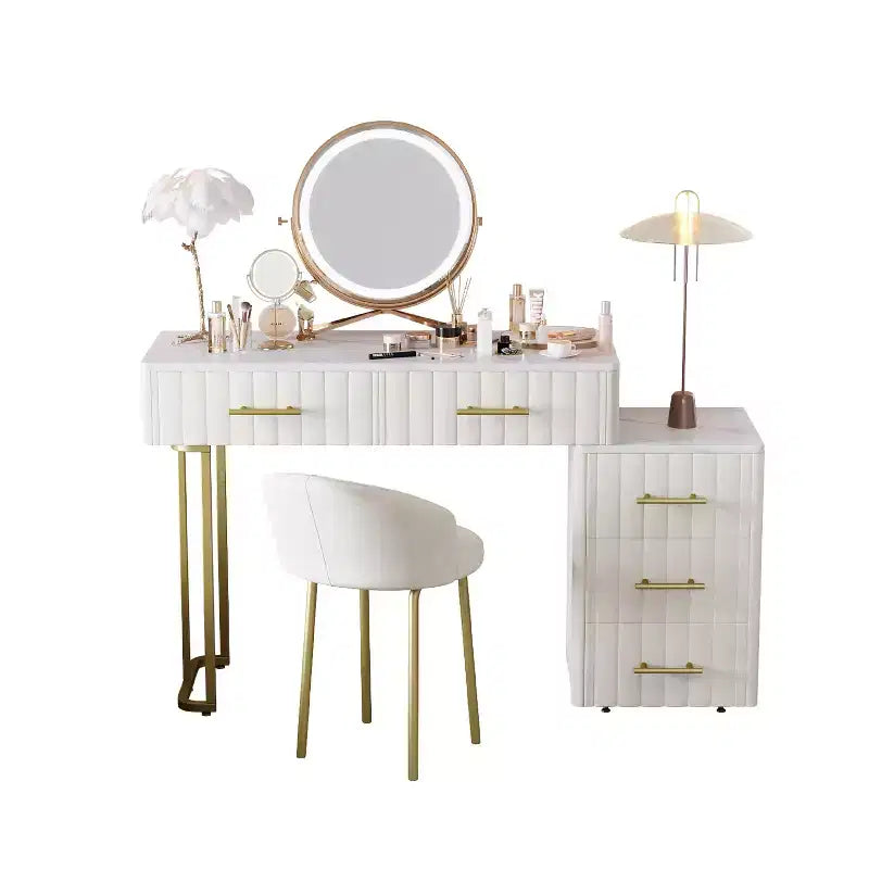 Coiffeuse en velours avec chaise, ensemble de coiffeuse avec 5 grands tiroirs, table de maquillage et chaise pour chambre de fille