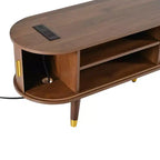 Meuble TV cannelé ovale en bois de noyer MAYEERTY, console multimédia du milieu du siècle avec station de charge pour téléviseurs de 80 pouces