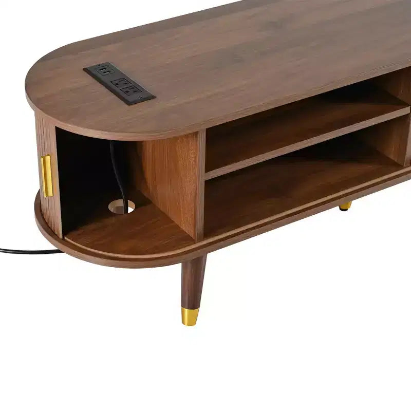 Meuble TV cannelé ovale en bois de noyer MAYEERTY, console multimédia du milieu du siècle avec station de charge pour téléviseurs de 80 pouces