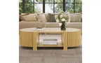 JVNOXK 47-inch oval grooved coffee table, suitable for living rooms, solid rubberwood construction with 1 shelf and 2 storage doors, natural wood