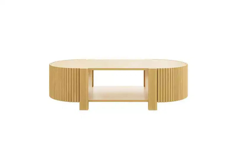 Table basse ovale rainurée JVNOXK de 47 pouces, adaptée aux salons, en bois d'hévéa massif avec 1 étagère et 2 portes de rangement, bois naturel