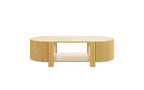Table basse ovale rainurée JVNOXK de 47 pouces, adaptée aux salons, en bois d'hévéa massif avec 1 étagère et 2 portes de rangement, bois naturel