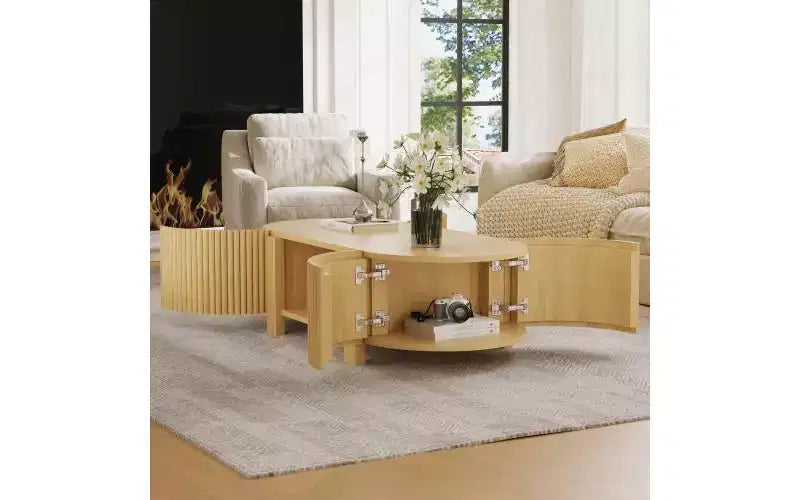 Table basse ovale rainurée JVNOXK de 47 pouces, adaptée aux salons, en bois d'hévéa massif avec 1 étagère et 2 portes de rangement, bois naturel