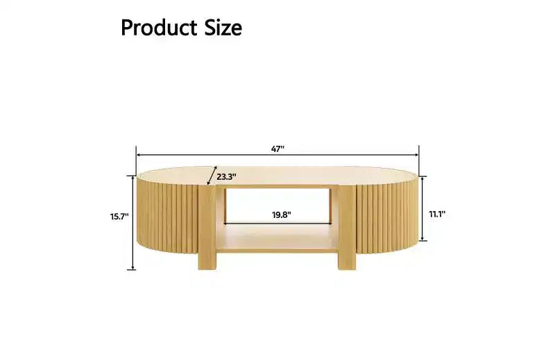 Table basse ovale rainurée JVNOXK de 47 pouces, adaptée aux salons, en bois d'hévéa massif avec 1 étagère et 2 portes de rangement, bois naturel